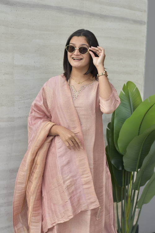 GLASS TISSHUE KANJIVARAM SILK KURTI PANT DUPATTA SET